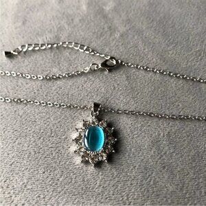 Blue Stone with Rhinestones ~ Silver-Tone Adjustable Necklace ~ Brand New